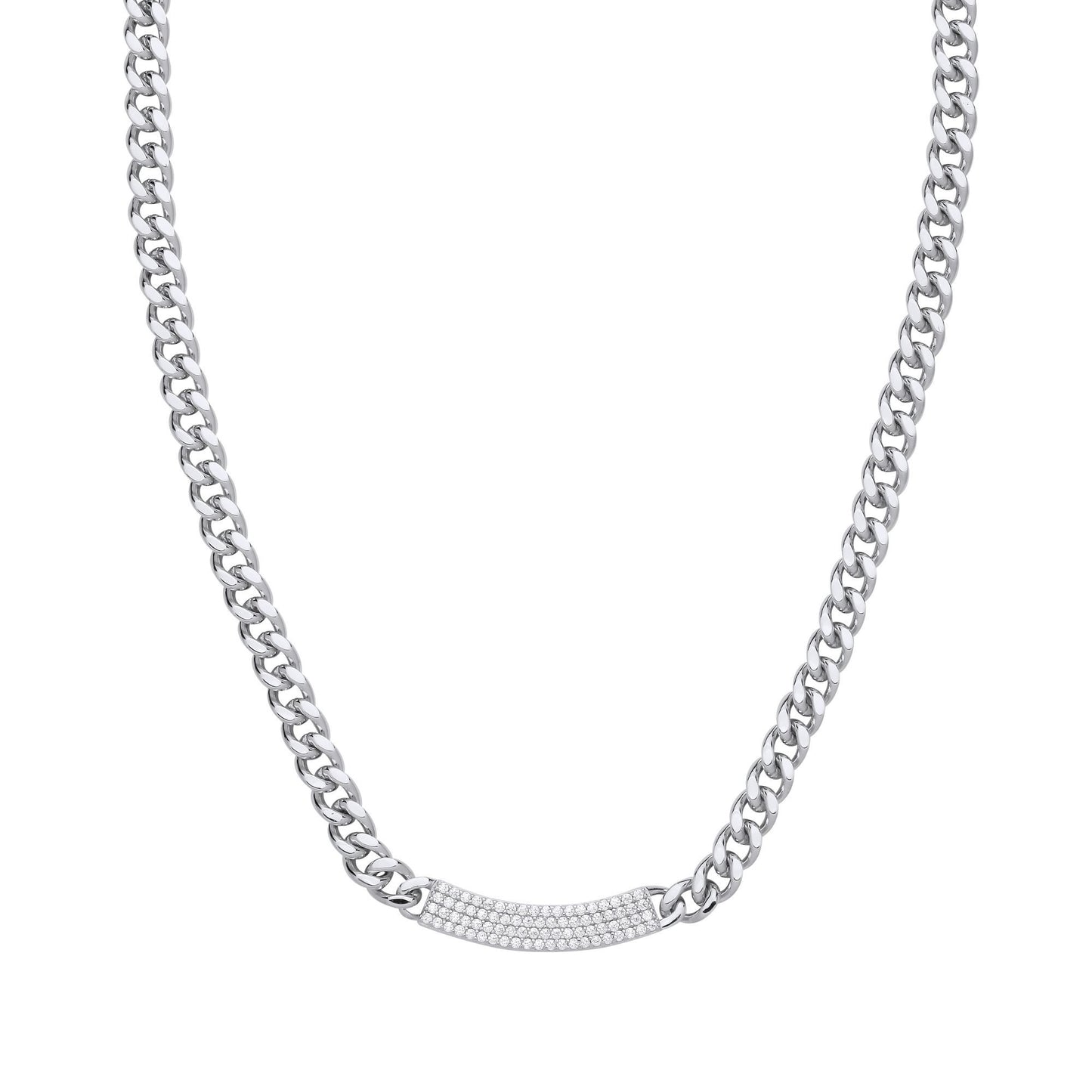 Silver  CZ Curb Link Chain Pave ID Bar Necklace 5mm 16 + 2 inch - GVK480