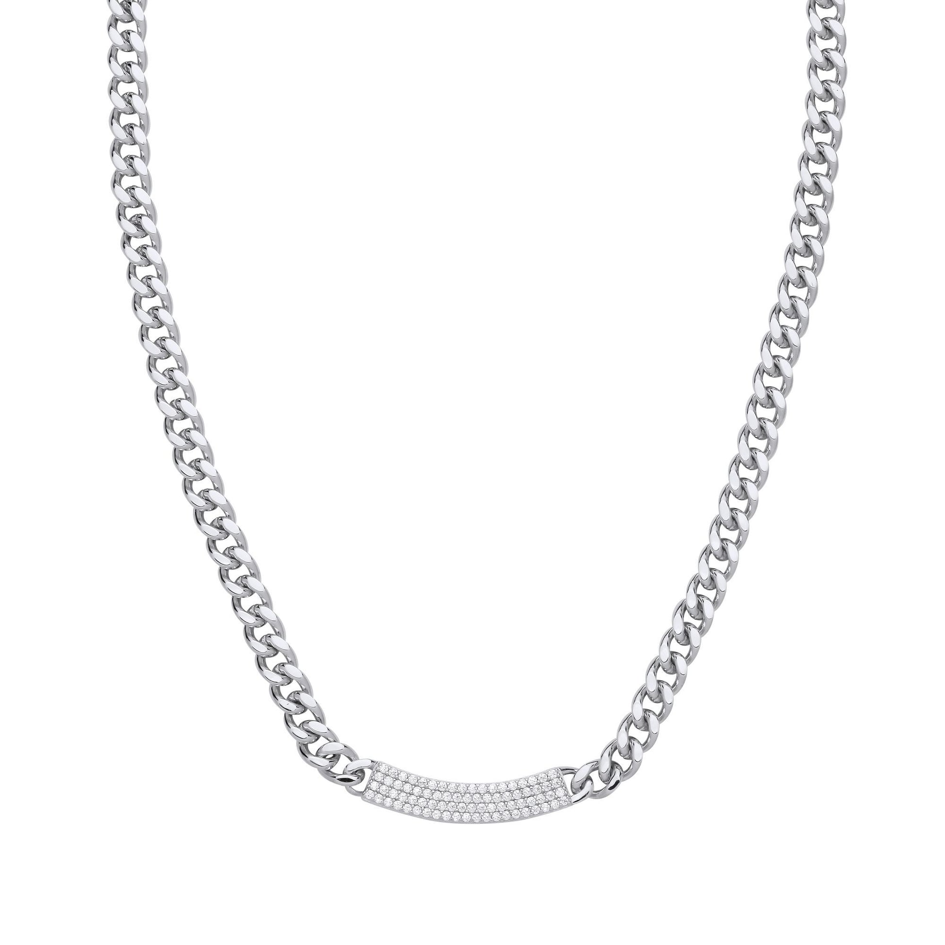 Silver  CZ Curb Link Chain Pave ID Bar Necklace 5mm 16 + 2 inch - GVK480