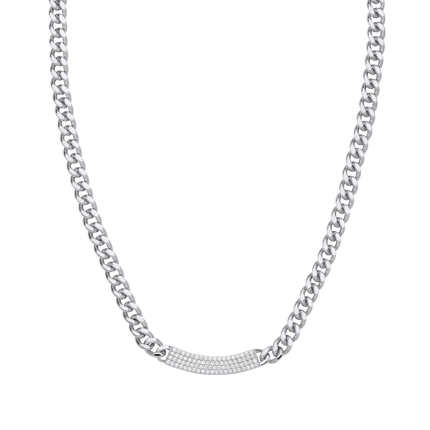 Silver  CZ Curb Link Chain Pave ID Bar Necklace 5mm 16 + 2 inch - GVK480