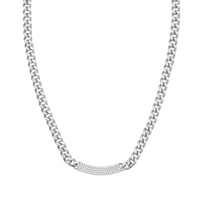 Silver  CZ Curb Link Chain Pave ID Bar Necklace 5mm 16 + 2 inch - GVK480