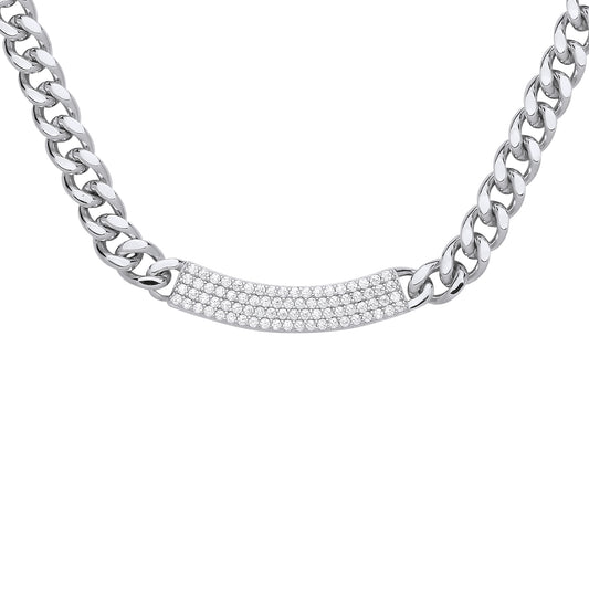 Silver  Curb Link Chain Pave ID Bar Necklace 16" + 2" - GVK480