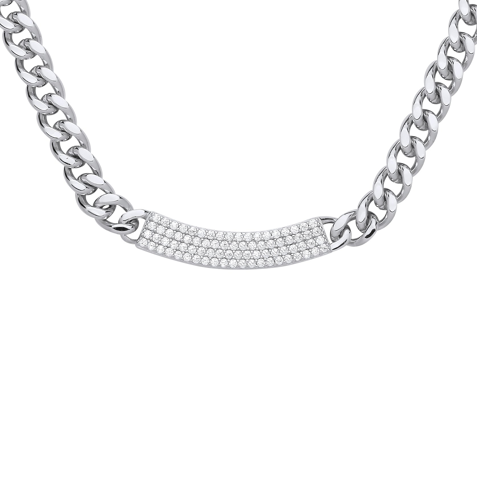 Silver  CZ Curb Link Chain Pave ID Bar Necklace 5mm 16 + 2 inch - GVK480