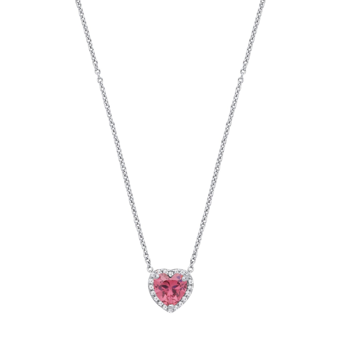 Silver  Pink Heart CZ Heart Halo Solitaire Lavalier Necklace 16" - GVK485