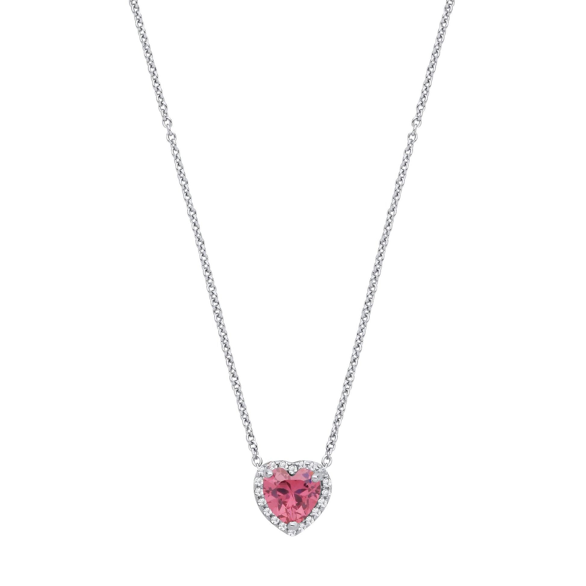 Silver  Pink Heart CZ Heart Halo Solitaire Lavalier Necklace 16" - GVK485