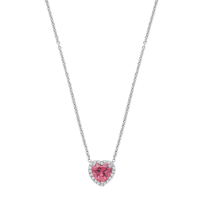 Silver  Pink Heart CZ Heart Halo Solitaire Lavalier Necklace 16" - GVK485