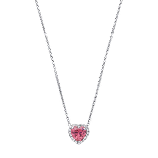 Silver  Pink Heart CZ Heart Halo Solitaire Lavalier Necklace 16" - GVK485