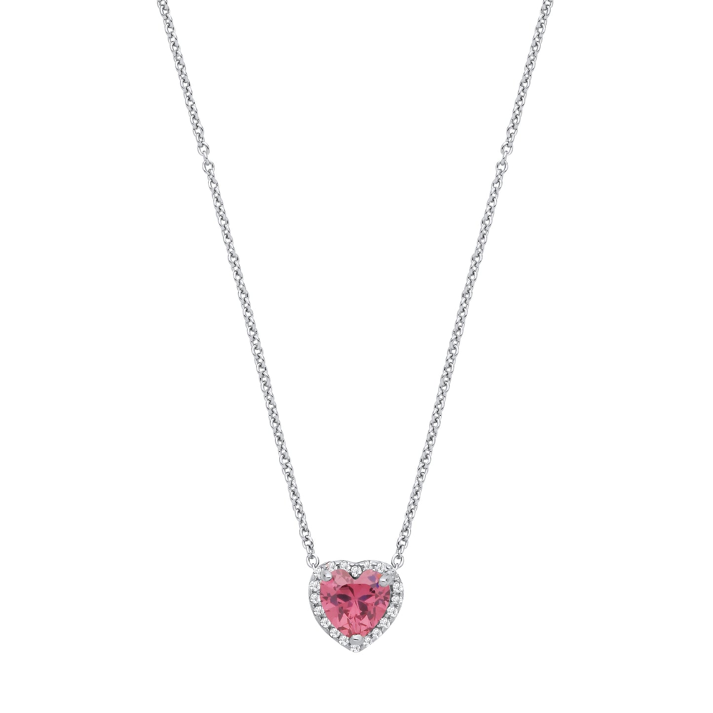 Silver  Pink Heart CZ Heart Halo Solitaire Lavalier Necklace 16" - GVK485