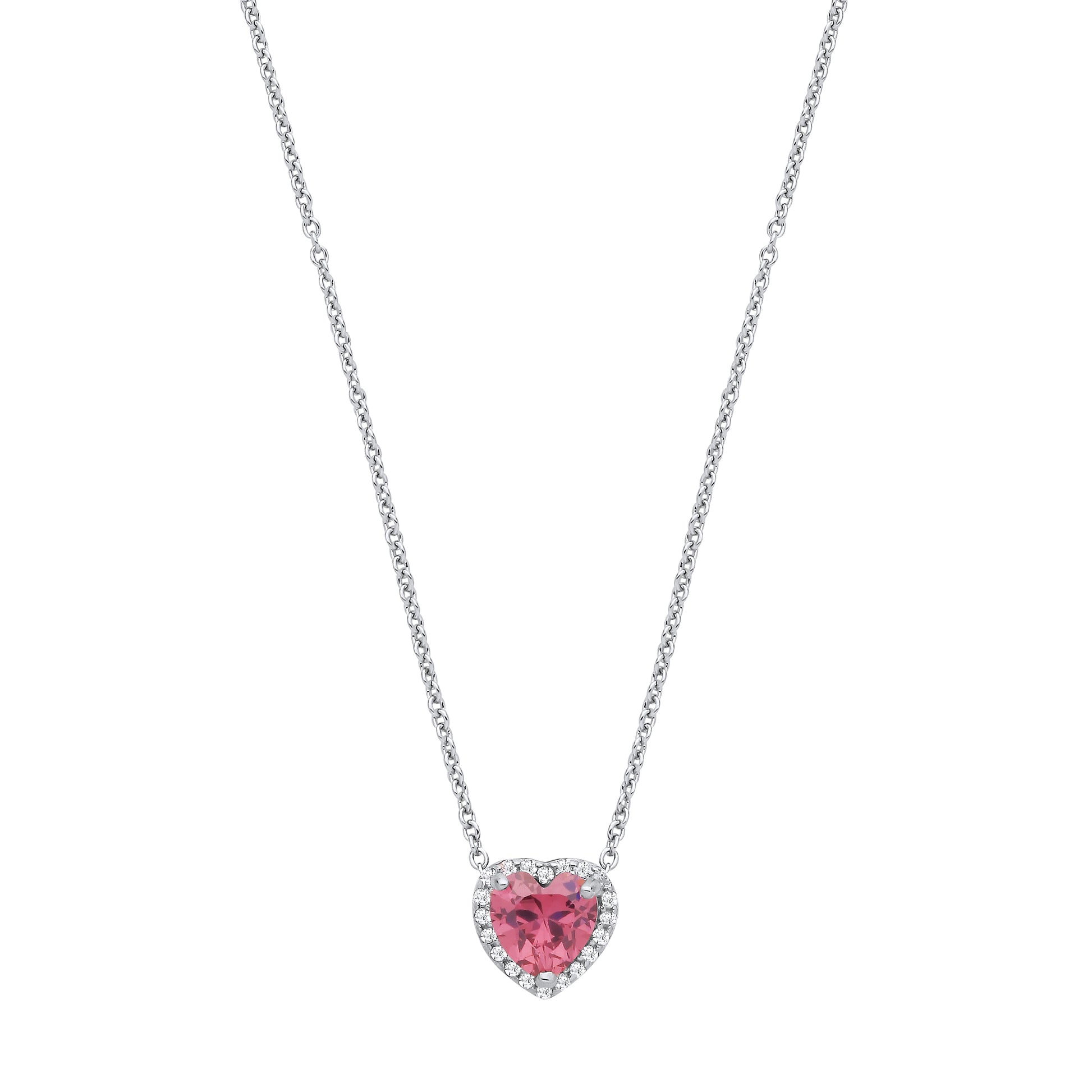 Silver  Pink Heart CZ Heart Halo Solitaire Lavalier Necklace 16" - GVK485