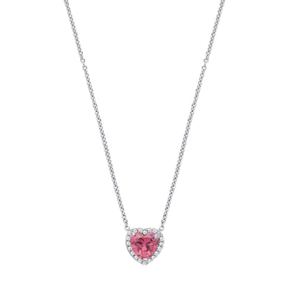 Silver  Pink Heart CZ Heart Halo Solitaire Lavalier Necklace 16" - GVK485