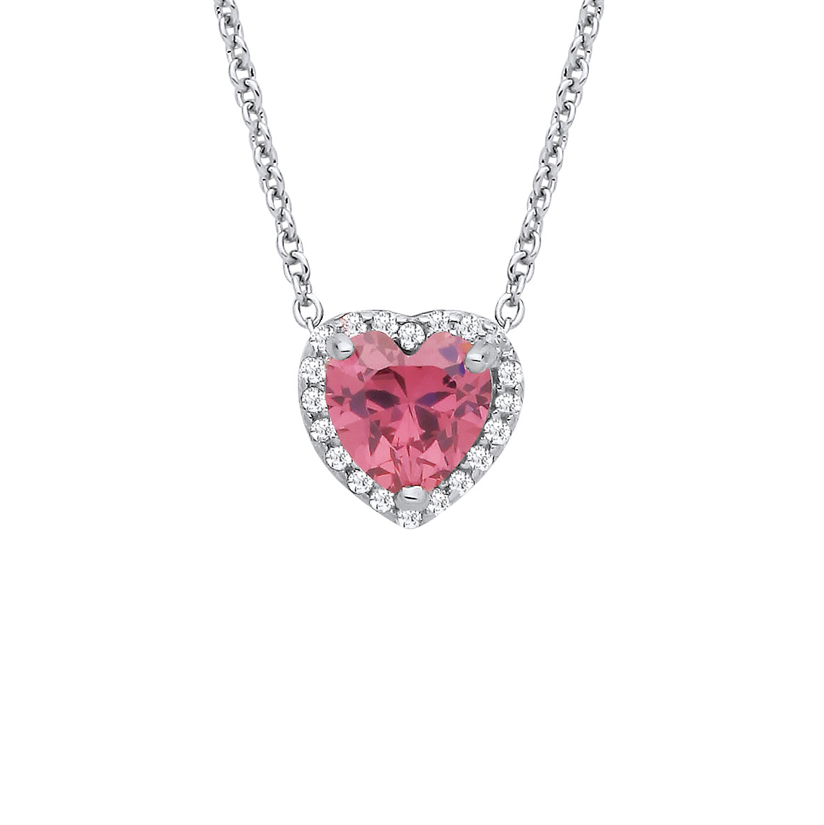 Silver  Pink Heart CZ Heart Halo Solitaire Lavalier Necklace 16" - GVK485