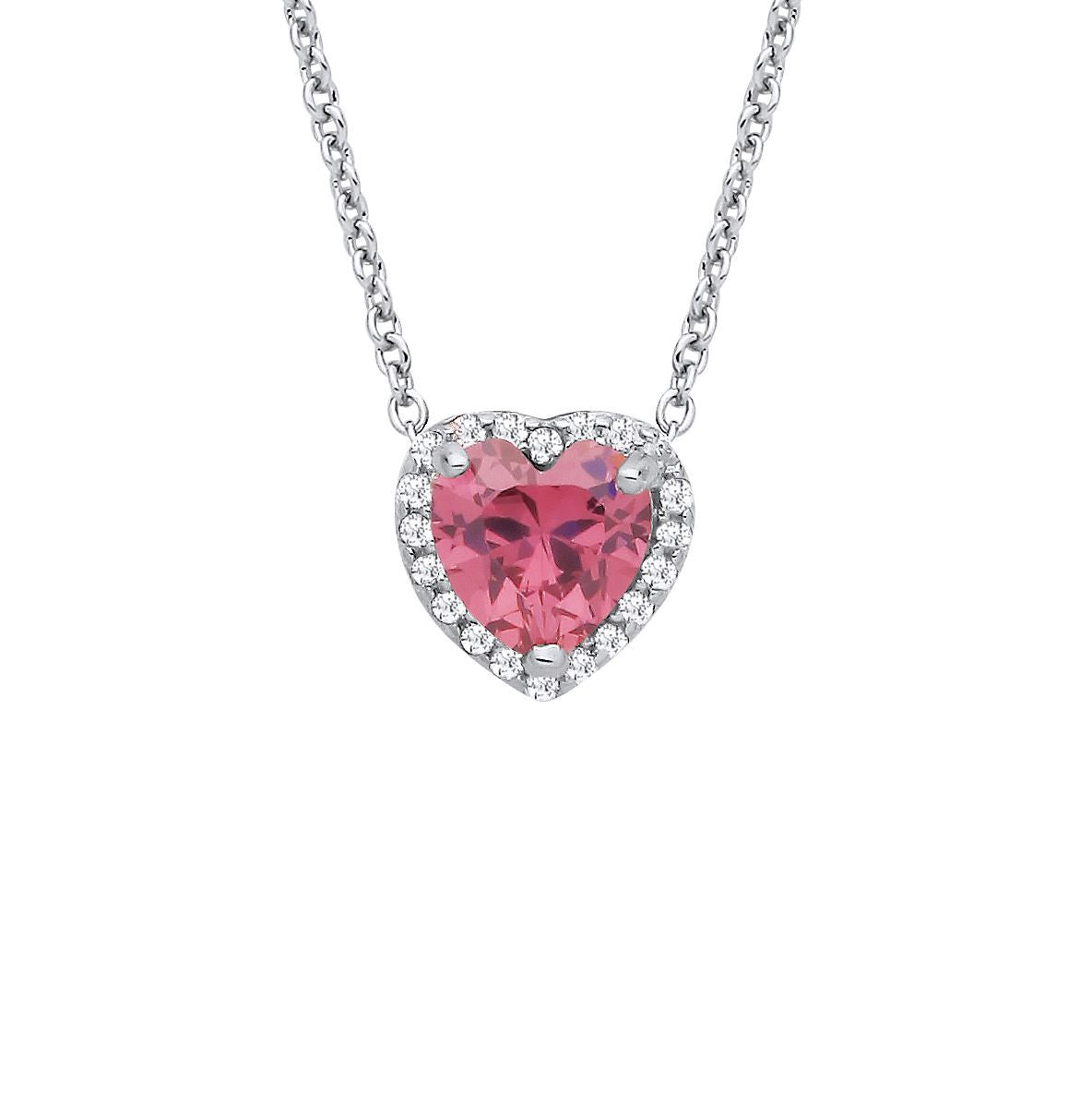 Silver  Pink Heart CZ Heart Halo Solitaire Lavalier Necklace 16" - GVK485