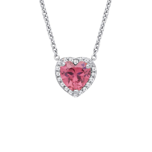 Silver  Pink Heart CZ Heart Halo Solitaire Lavalier Necklace 16" - GVK485
