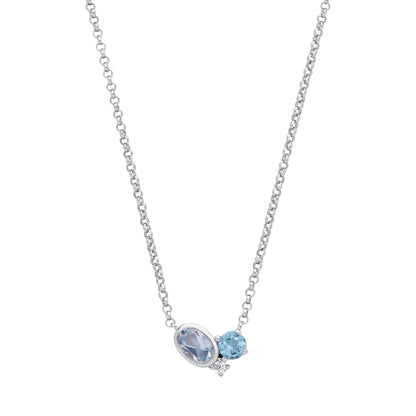 Silver  Swiss Blue Oval CZ Thought Bubble Halo Toi et Moi Necklace - GVK486