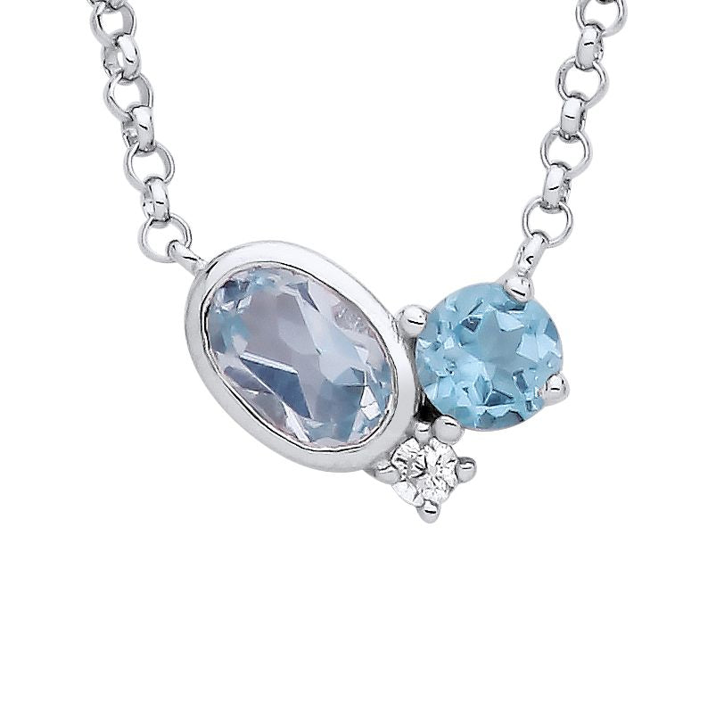 Silver  Swiss Blue Oval CZ Thought Bubble Halo Toi et Moi Necklace - GVK486