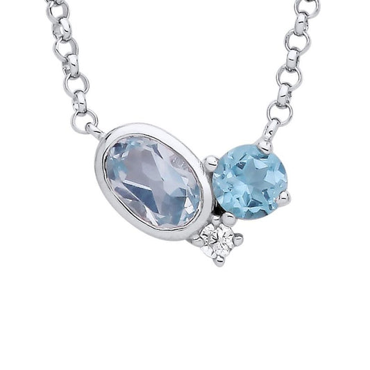 Silver Swiss Blue Oval CZ Thought Bubble Halo Toi et Moi Necklace - GVK486