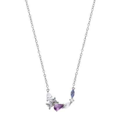 Silver  Purple Blue Pear Radiant CZ Dolphin Arc Necklace 16" - GVK487