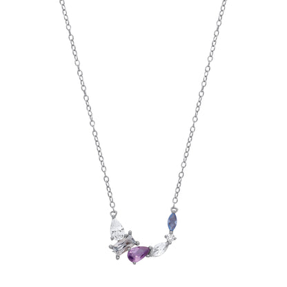 Silver  Purple Blue Pear Radiant CZ Dolphin Arc Necklace 16" - GVK487