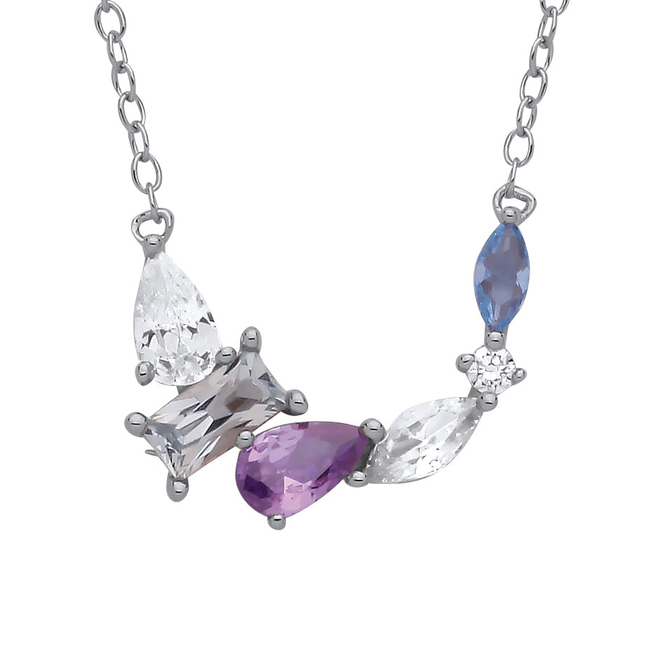 Silver  Purple Blue Pear Radiant CZ Dolphin Arc Necklace 16" - GVK487