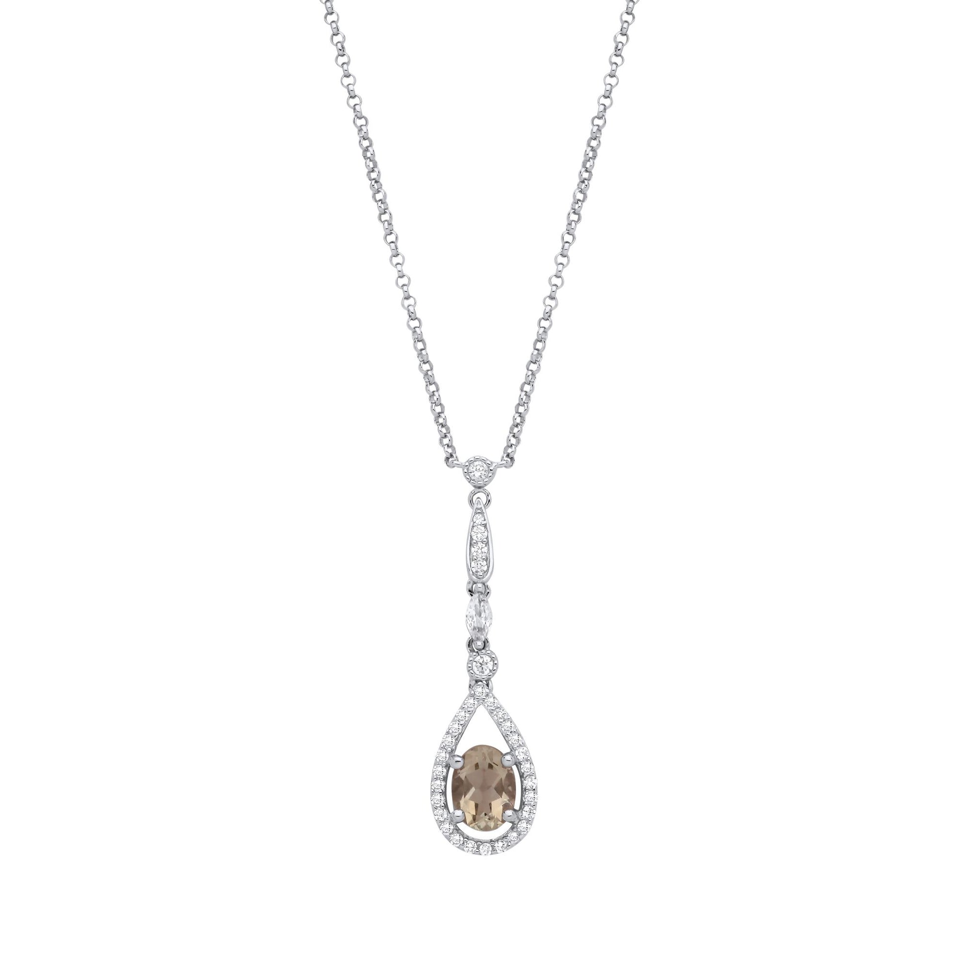 Silver  Peach Oval Marquise CZ Tears of Joy Halo Necklace 16" - GVK488