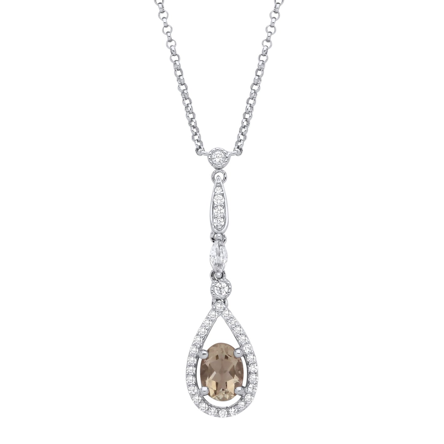 Silver  Peach Oval Marquise CZ Tears of Joy Halo Necklace 16" - GVK488