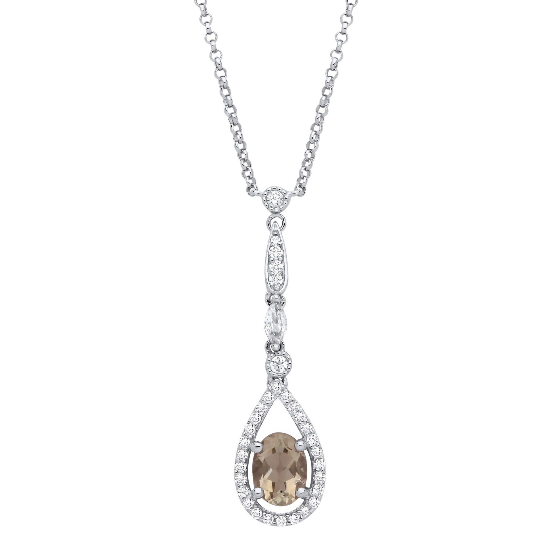 Silver  Peach Oval Marquise CZ Tears of Joy Halo Necklace 16" - GVK488