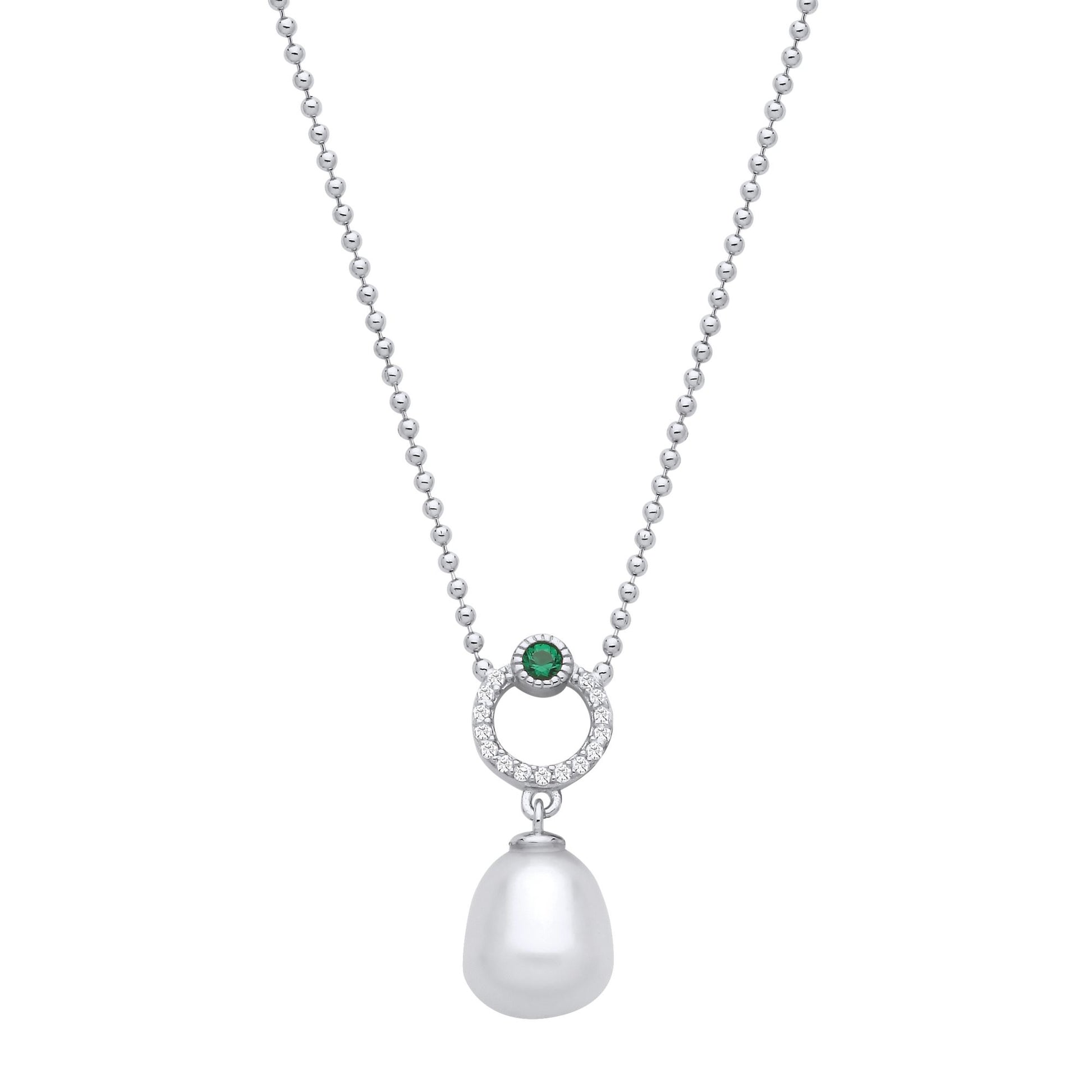 Silver  Cream Green Nugget Pearl CZ Eyeball Lantern Necklace 16" - GVK490