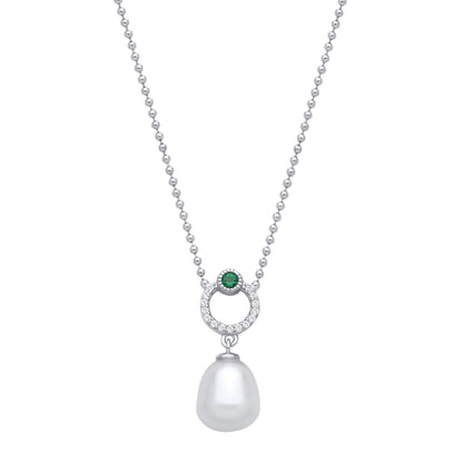 Silver  Cream Green Nugget Pearl CZ Eyeball Lantern Necklace 16" - GVK490