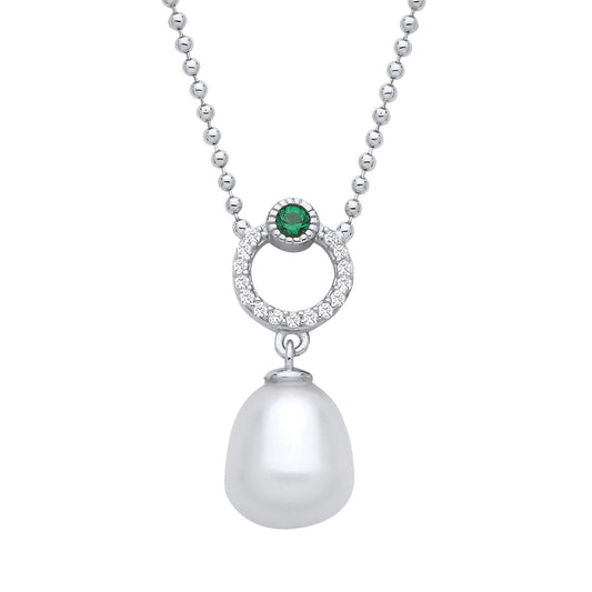 Silver Cream Green Nugget Pearl CZ Eyeball Lantern Necklace 16" - GVK490