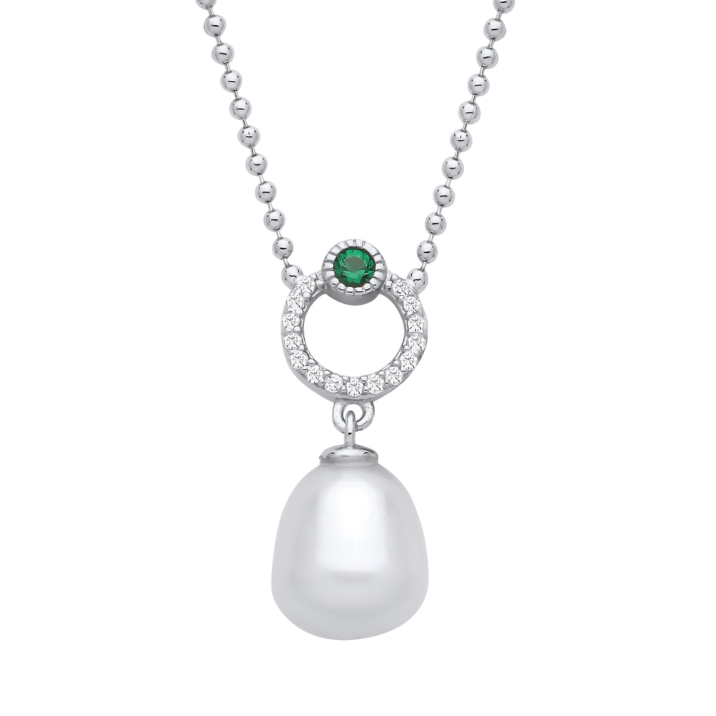 Silver  Cream Green Nugget Pearl CZ Eyeball Lantern Necklace 16" - GVK490