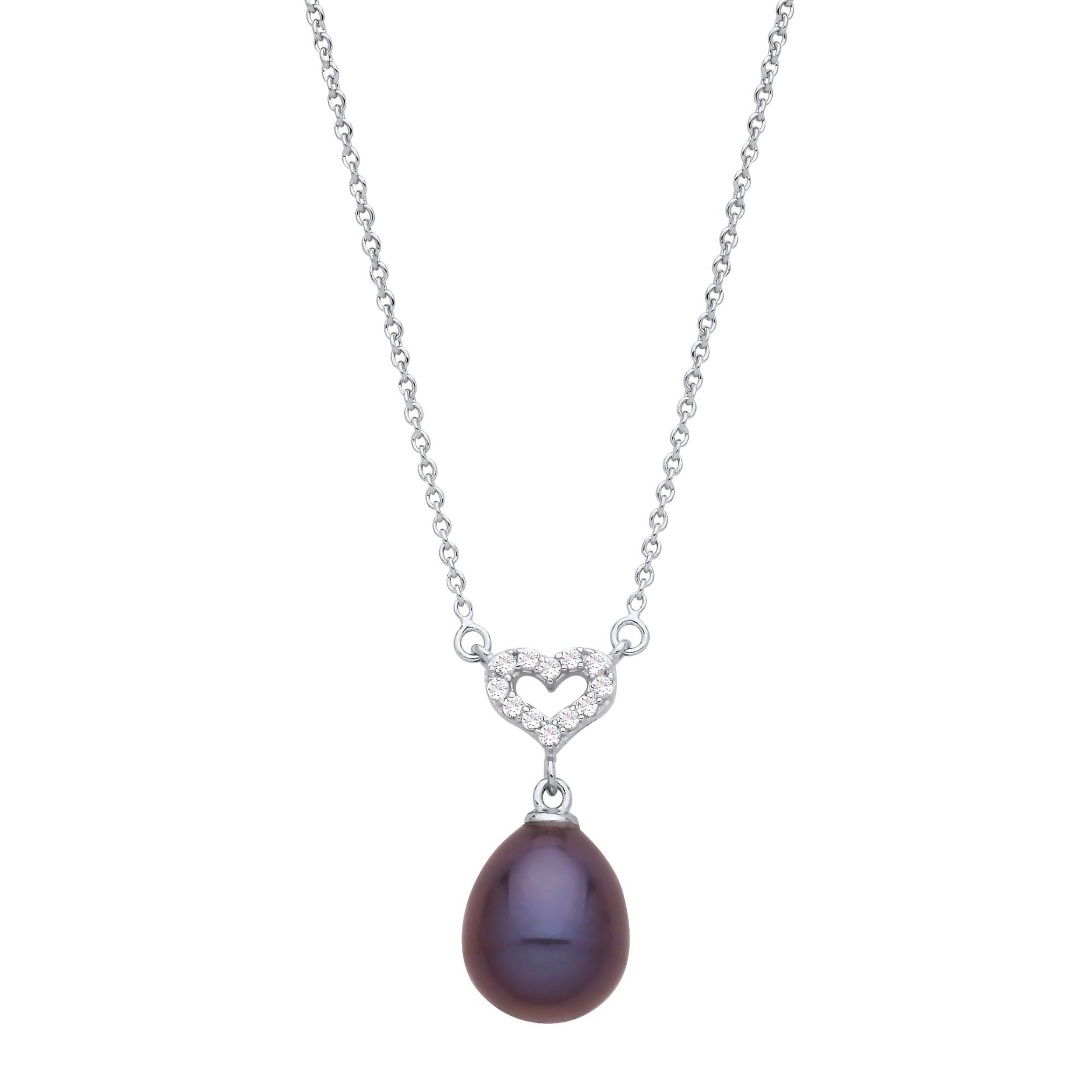 Silver  Purple Pear Pearl CZ Heart Peacock Plum Necklace 16" - GVK491