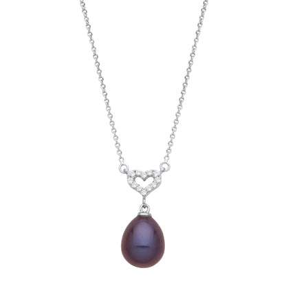 Silver  Purple Pear Pearl CZ Heart Peacock Plum Necklace 16" - GVK491
