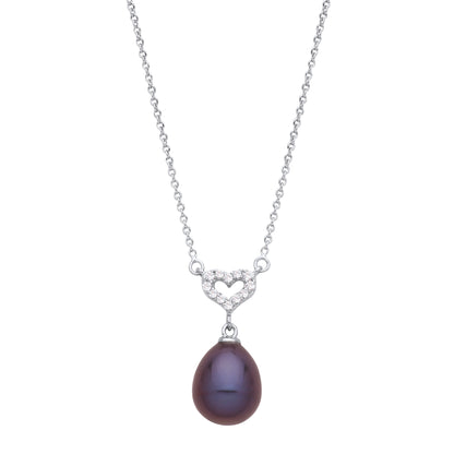 Silver  Purple Pear Pearl CZ Heart Peacock Plum Necklace 16" - GVK491