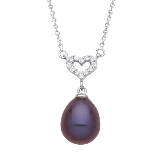 Silver  Purple Pear Pearl CZ Heart Peacock Plum Necklace 16" - GVK491