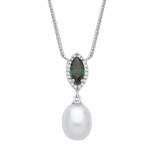 Silver Cream Green Oval Pearl CZ Cats Eyes Halo Necklace 16" - GVK492
