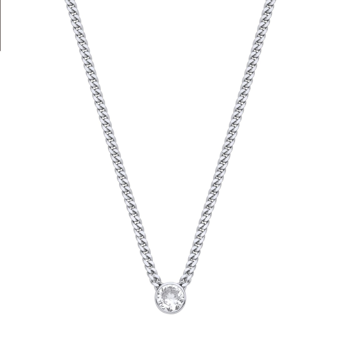 Silver  CZ Solitaire Collarette Curb Chain Necklace 3mm 17.5" - GVK495RH
