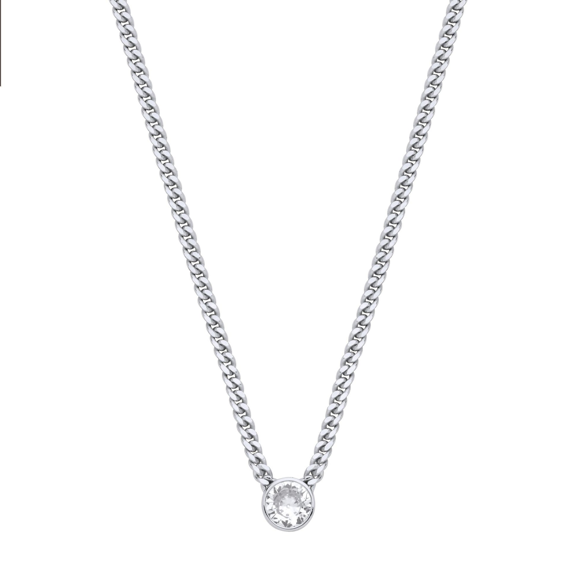 Silver  CZ Solitaire Collarette Curb Chain Necklace 3mm 17.5" - GVK495RH