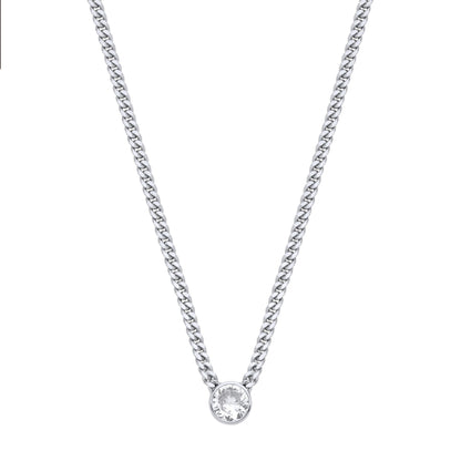 Silver  CZ Solitaire Collarette Curb Chain Necklace 3mm 17.5" - GVK495RH