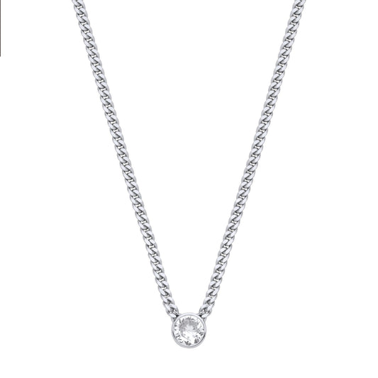 Silver  CZ Solitaire Collarette Curb Chain Necklace 3mm 17.5" - GVK495RH