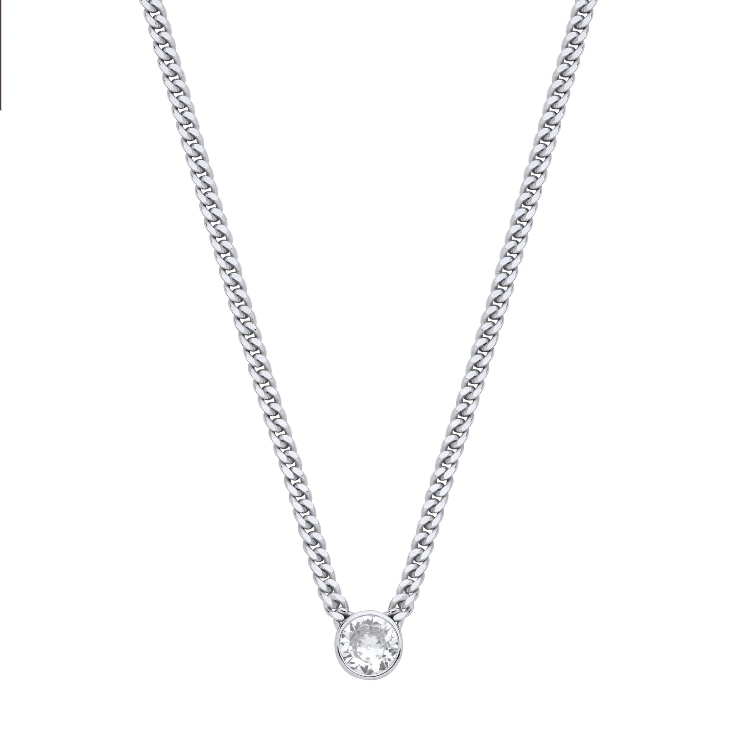 Silver  CZ Solitaire Collarette Curb Chain Necklace 3mm 17.5" - GVK495RH