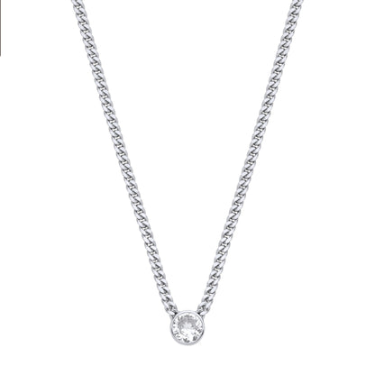 Silver  CZ Solitaire Collarette Curb Chain Necklace 3mm 17.5" - GVK495RH