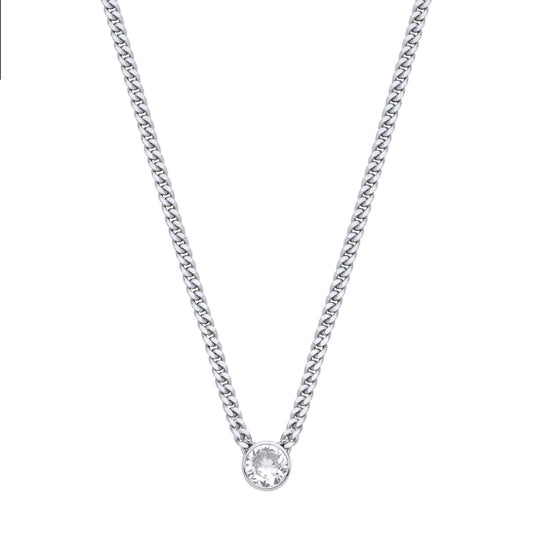 Silver  CZ Solitaire Collarette Curb Chain Necklace 3mm 17.5" - GVK495RH