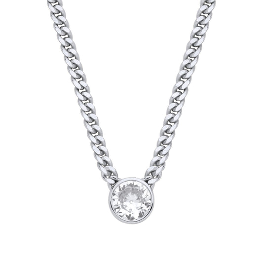Silver CZ Solitaire Collarette Curb Chain Necklace 3mm 17.5" - GVK495RH