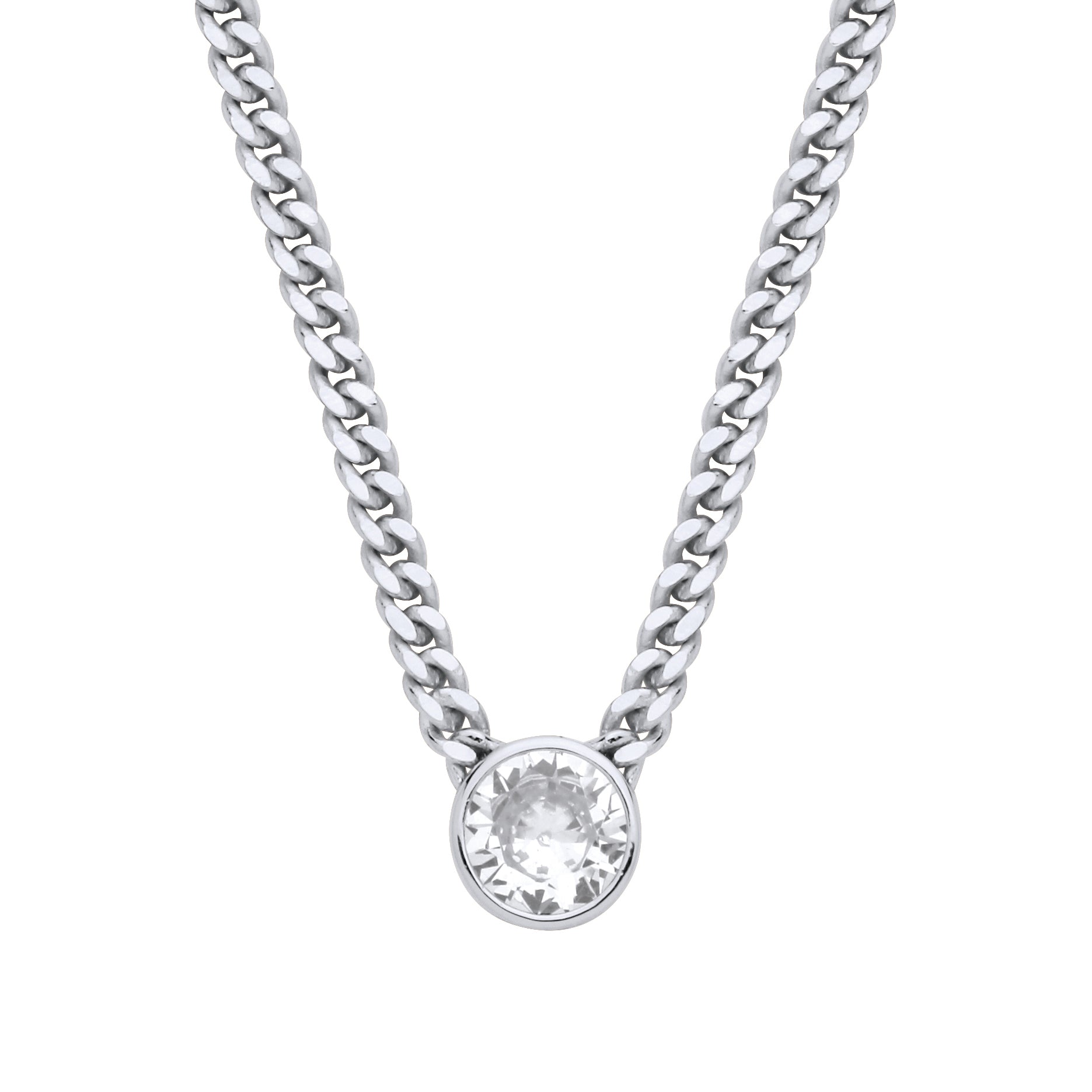 Silver  CZ Solitaire Collarette Curb Chain Necklace 3mm 17.5" - GVK495RH