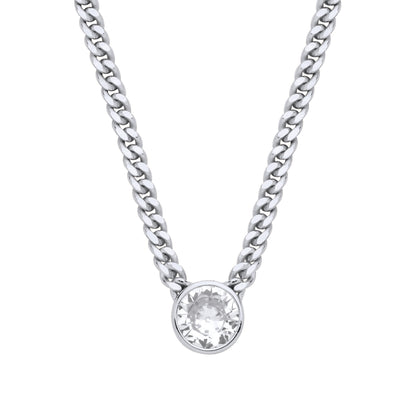 Silver  CZ Solitaire Collarette Curb Chain Necklace 3mm 17.5" - GVK495RH