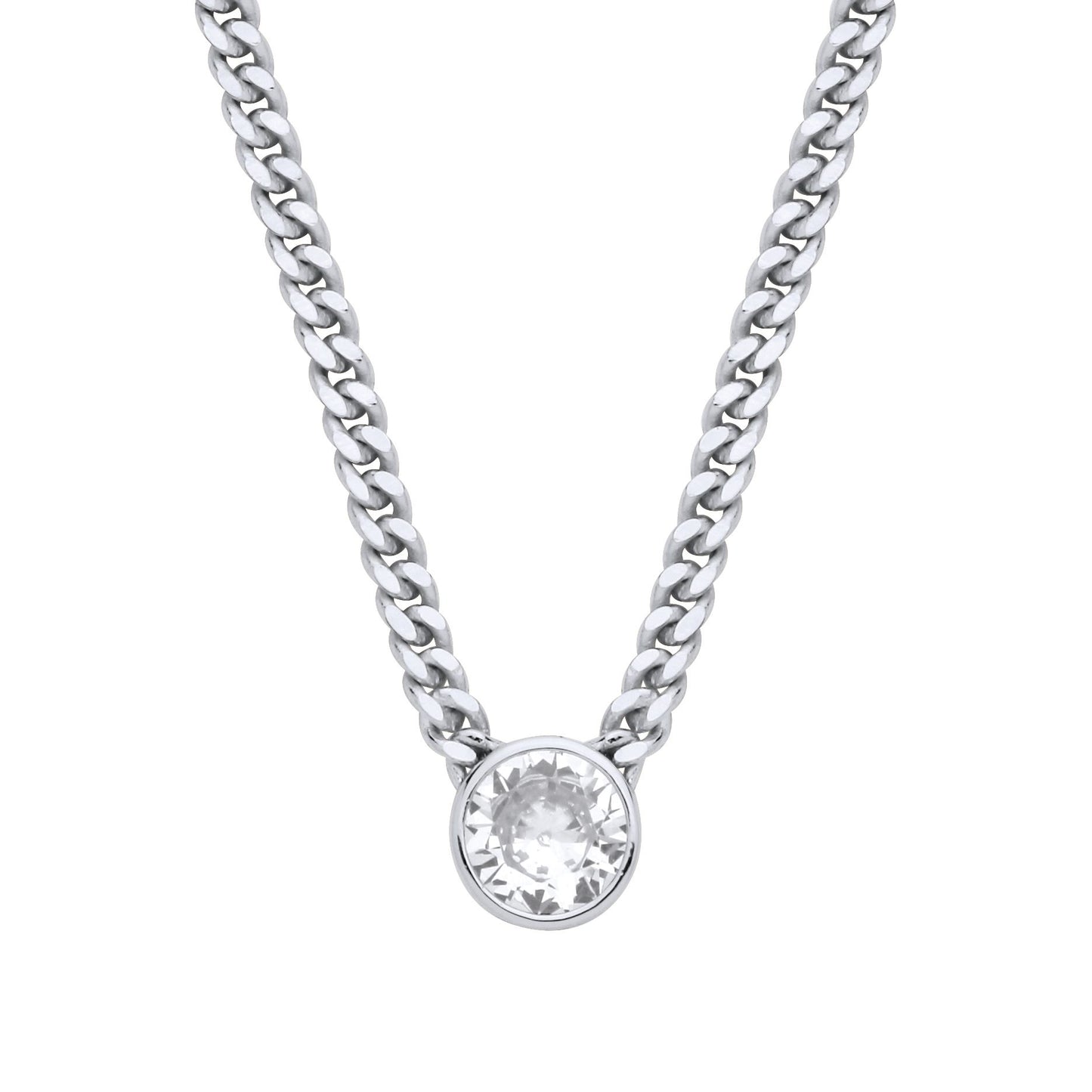 Silver  CZ Solitaire Collarette Curb Chain Necklace 3mm 17.5" - GVK495RH