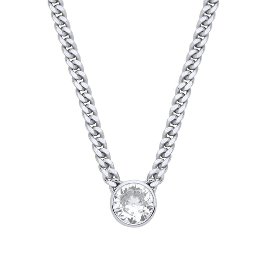 Silver  CZ Solitaire Collarette Curb Chain Necklace 3mm 17.5" - GVK495RH