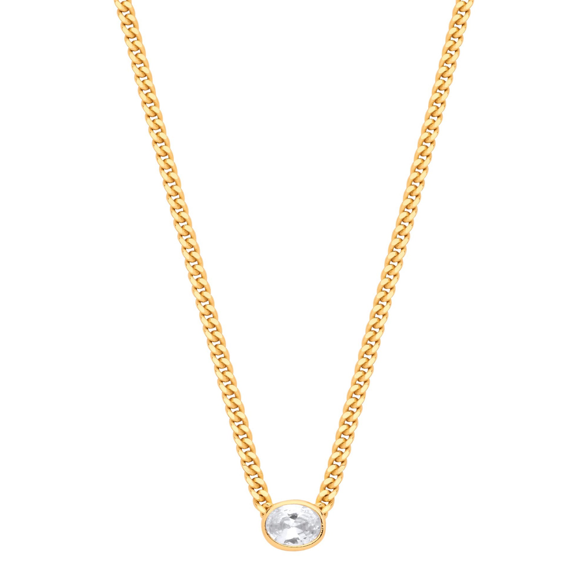 Gilded Silver  Oval CZ Collarette Curb Chain Necklace 3mm 17.5" - GVK496G
