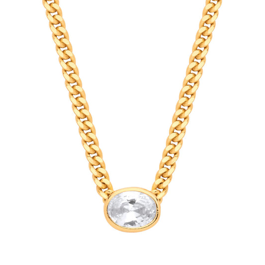 Gilded Silver  Oval CZ Collarette Curb Chain Necklace 3mm 17.5" - GVK496G