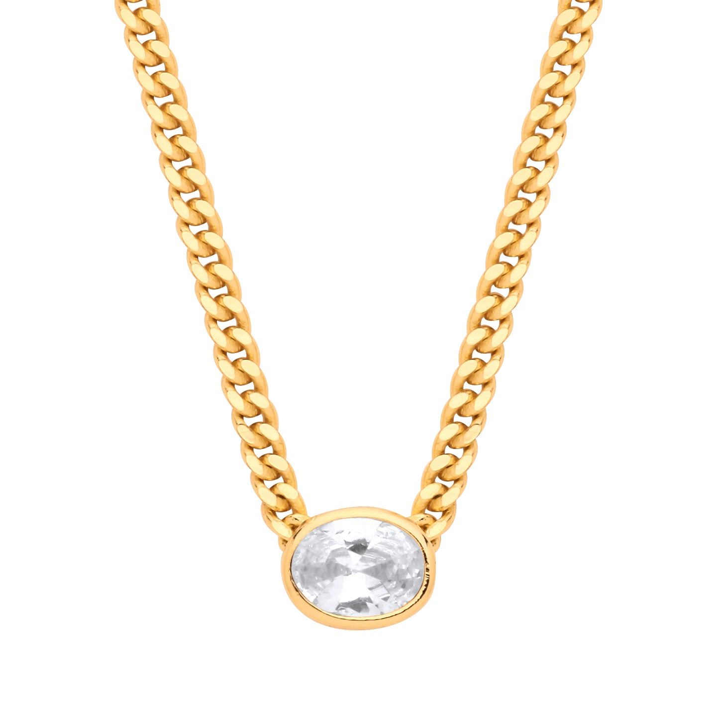 Gilded Silver  Oval CZ Collarette Curb Chain Necklace 3mm 17.5" - GVK496G