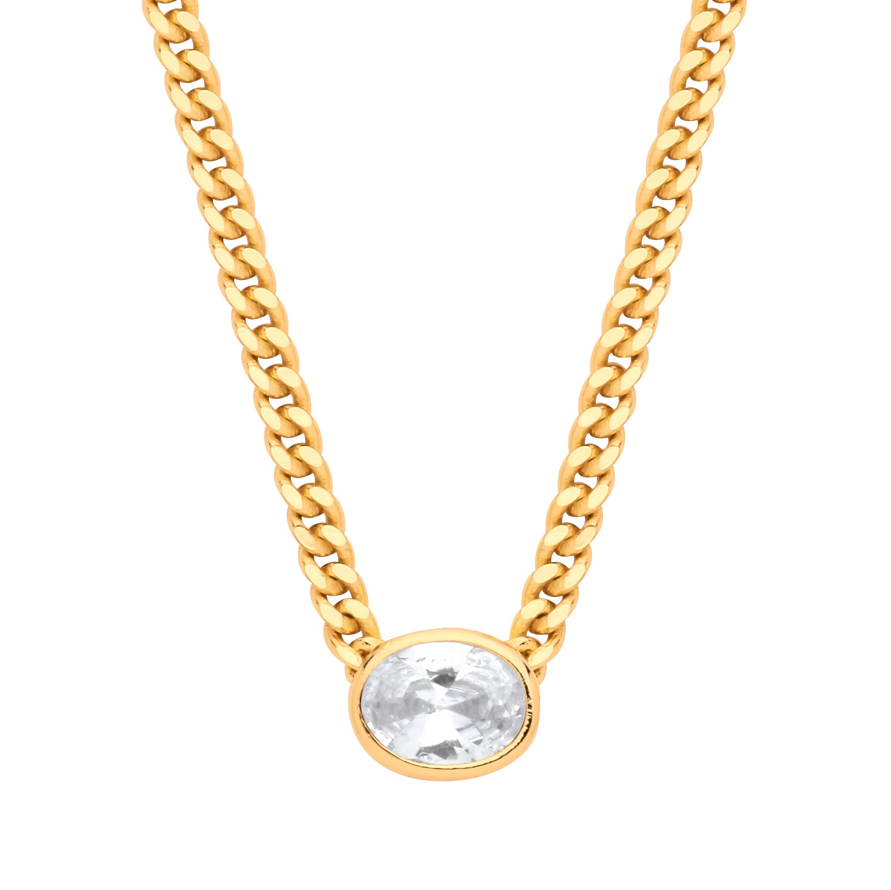 Gilded Silver  Oval CZ Collarette Curb Chain Necklace 3mm 17.5" - GVK496G